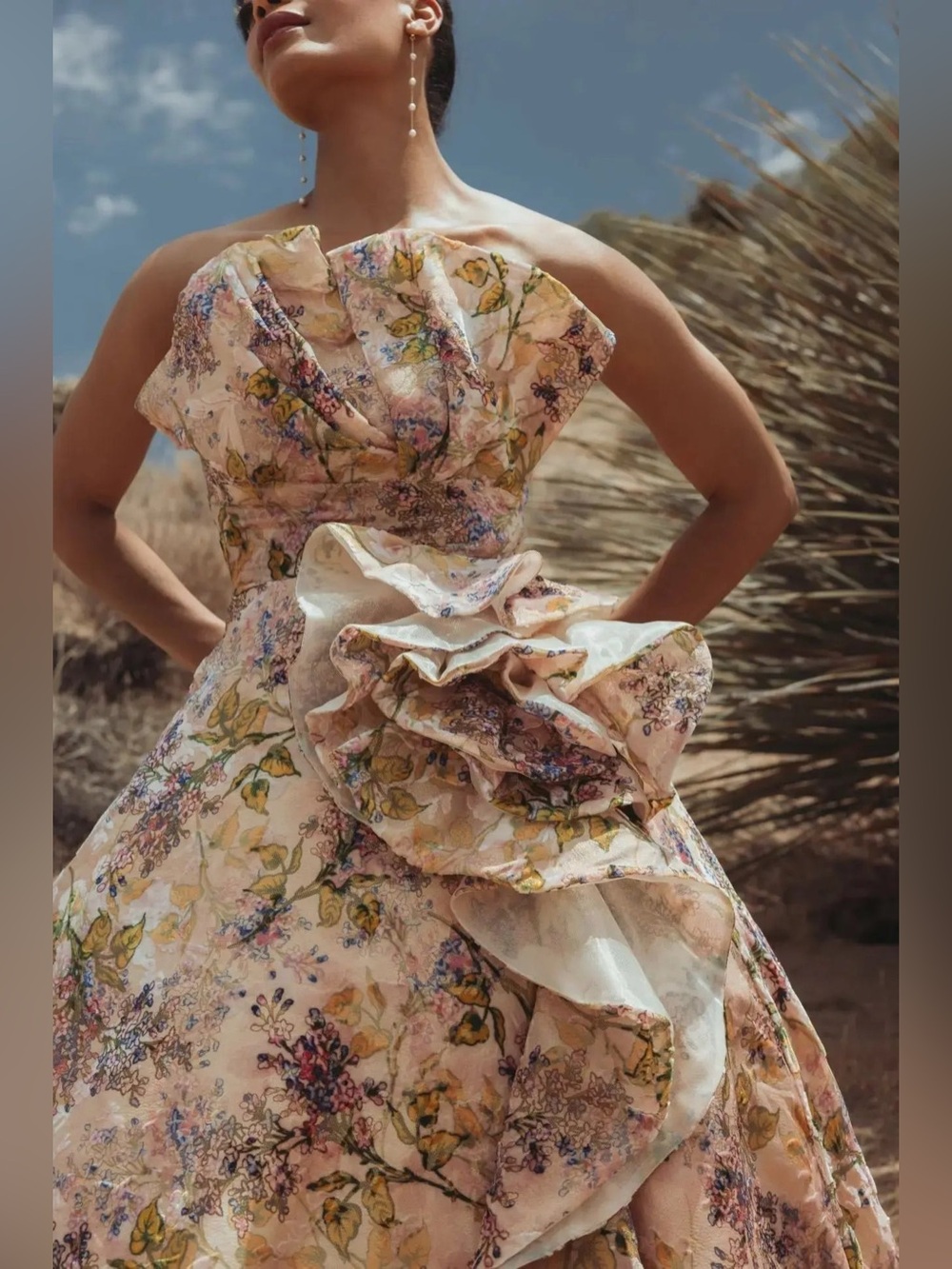 MAC DUGGAL COLLECTION Pink Strapless Floral Ball Gown With Ruffle Detail